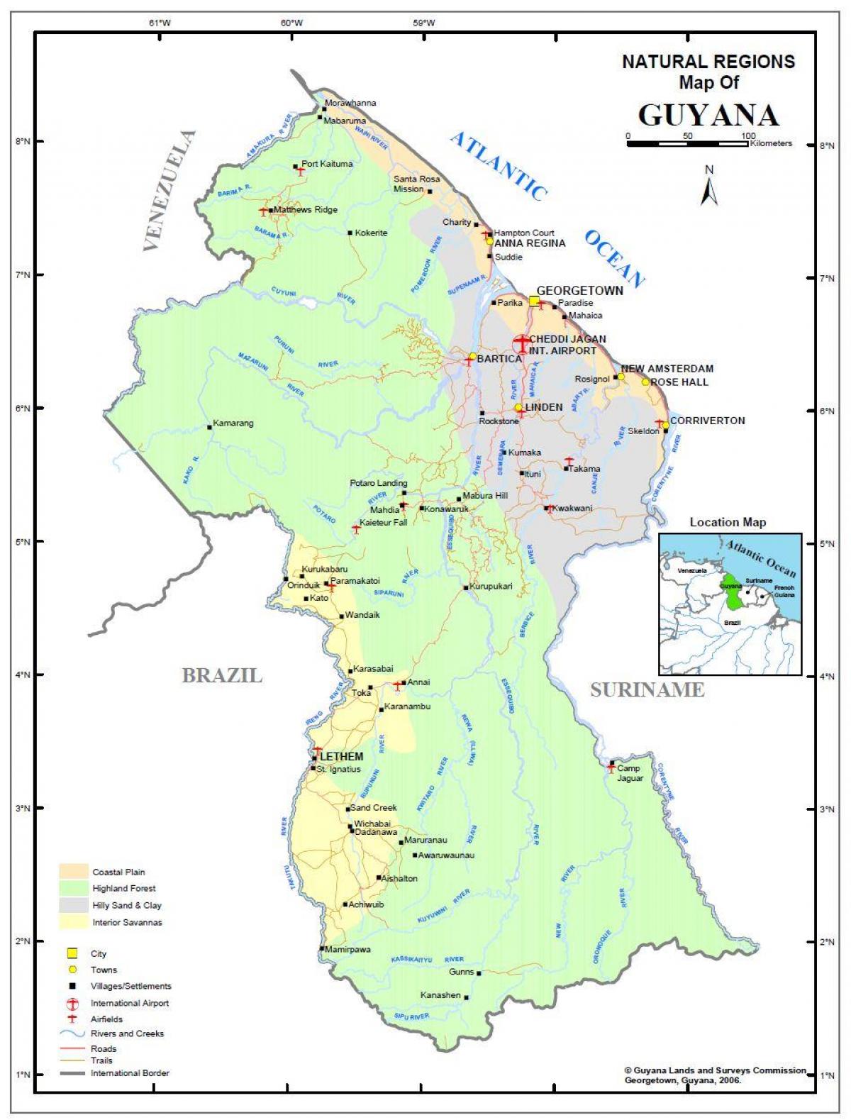 карта Гаяна, паказваючы прыродных рэсурсаў