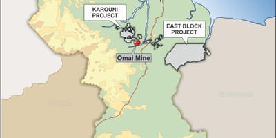 Карта Гаяна паказаны мінеральныя рэсурсы
