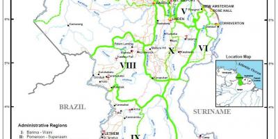 Карта Гаяна, паказваючы дзесяці адміністрацыйных рэгіёнаў